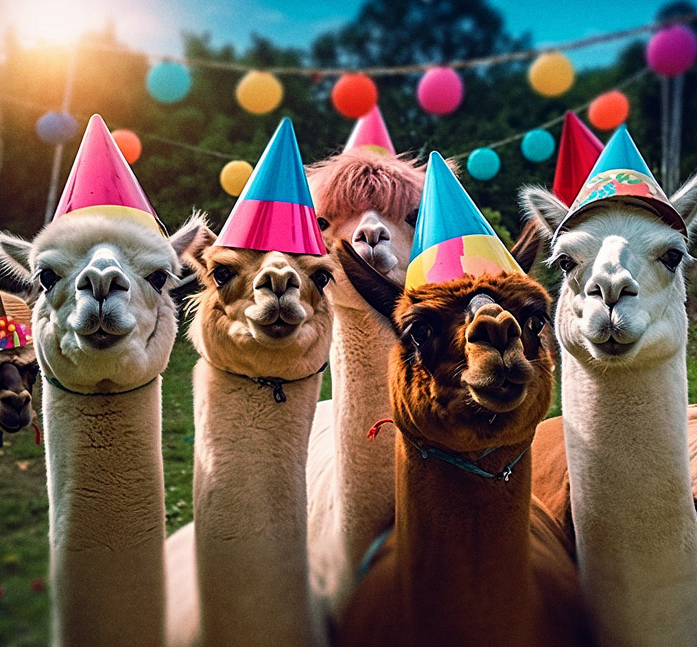 Alpacas wearing party hats, generated by Midjourney and touched up slightly.