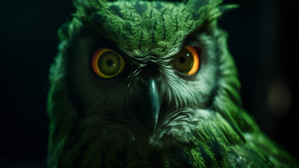 A terrifying green owl in horror-esque lighting, generated by Midjourney.